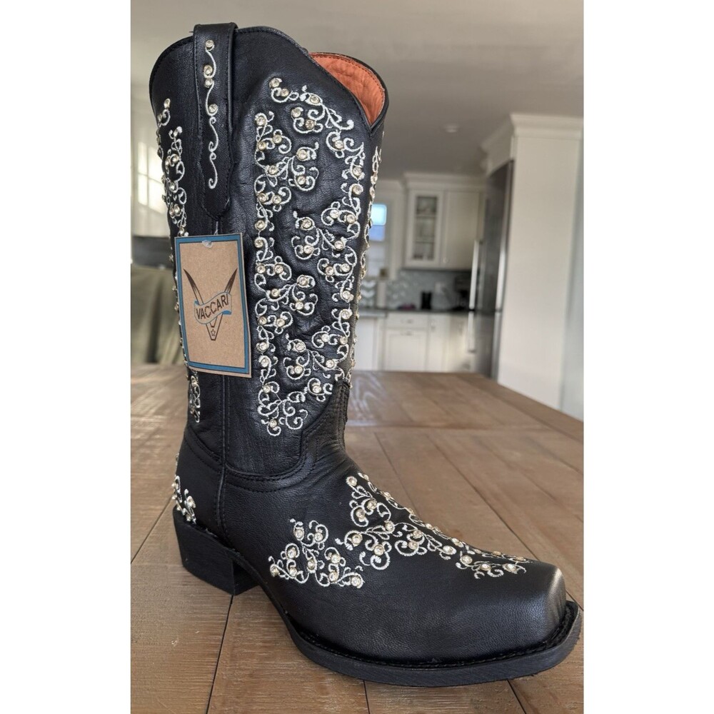 NWT Vaccari Black Embroidered Rhinestone Bling Womens Square Toe Western Boot 11